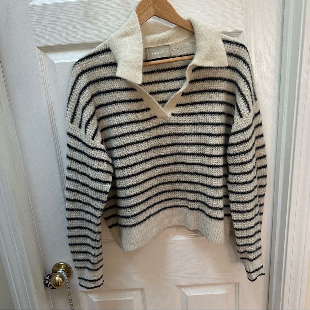 Everlane The Alpaca Waffle-Stitch Polo Striped Sweater Black white s small - Picture 2 of 6
